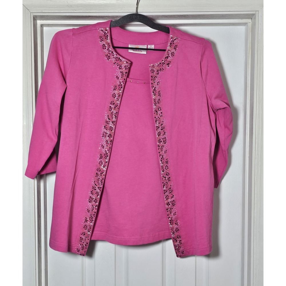 Quaker Factory Cardigan Attached Beaded Top Size Small‎ Pink Ribbed 3/4 Sleeve